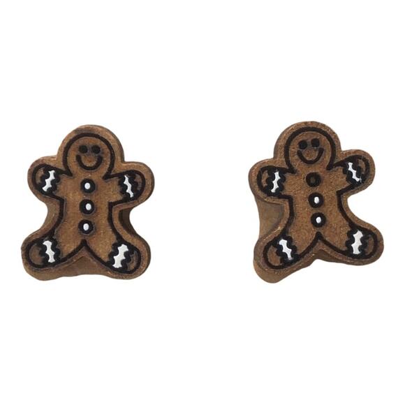 Smiling Gingerbread Man Stud Earrings - Hand Painted Wood, Hypoallergenic - Picture 5 of 5